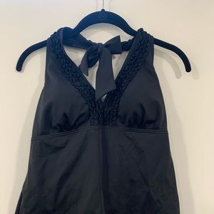 Black ruffled open back swimsuit top.